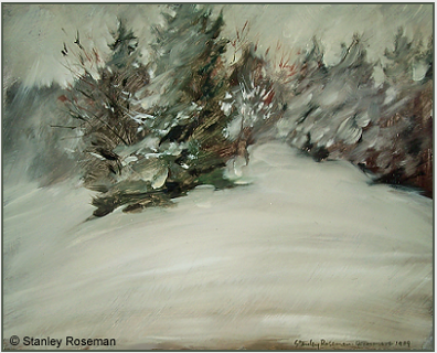 Landscape by Stanley Roseman, "Spring Snowstorm - On the Edge of an Alpine Wood," 1989, Private collection, Switzerland.  Stanley Roseman