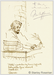 Drawing by Stanley Roseman of James McCracken as Otello in Zeffirelli's production "Otello," Metropolitan Opera, 1972. Autographed and inscribed, "To Stanley, with admiration, Franco Zeffirelli." Collection the artist.  Stanley Roseman
